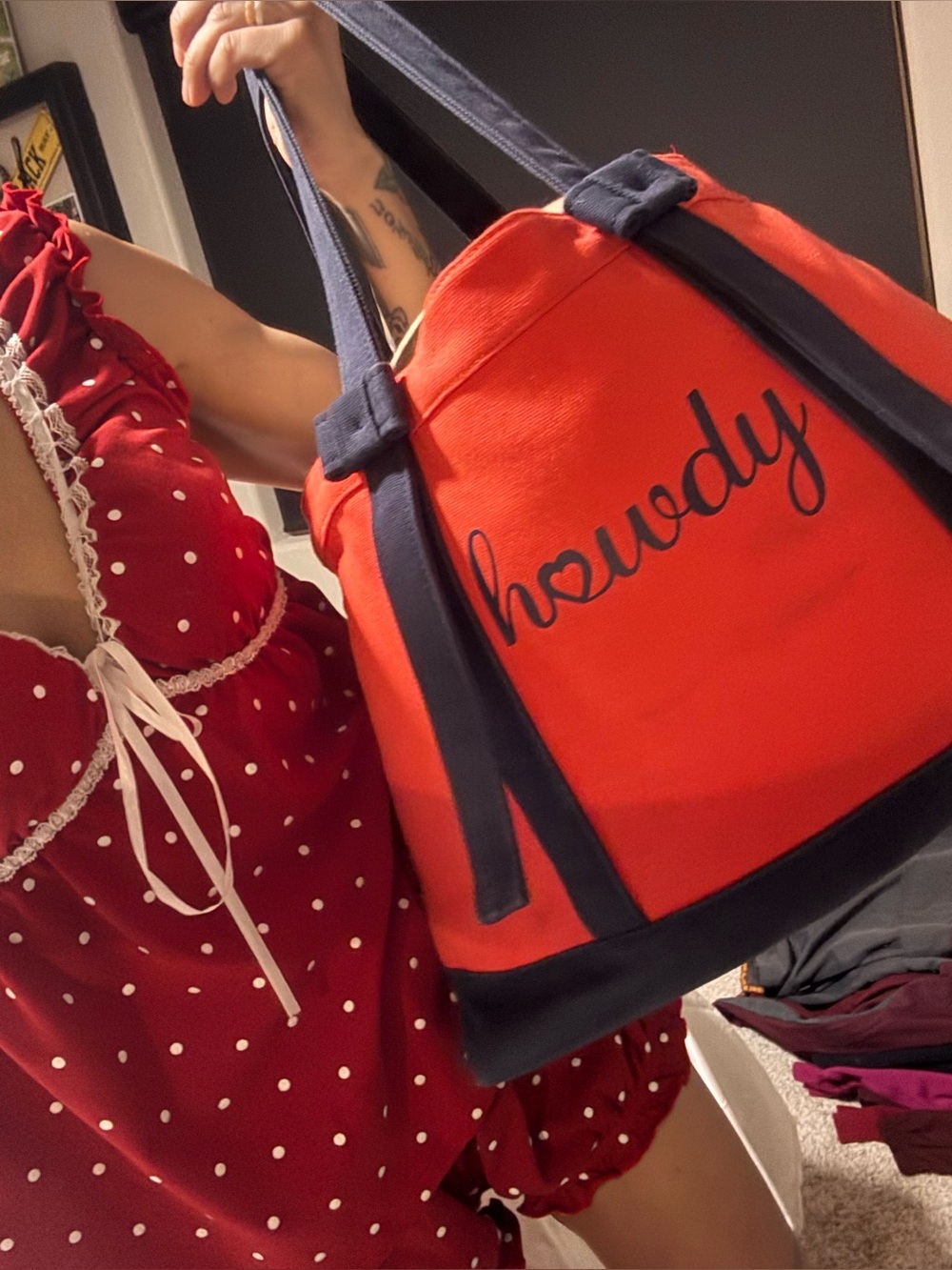 Draper and James canvas Howdy Red Canvas Tote Bag with Navy Trim